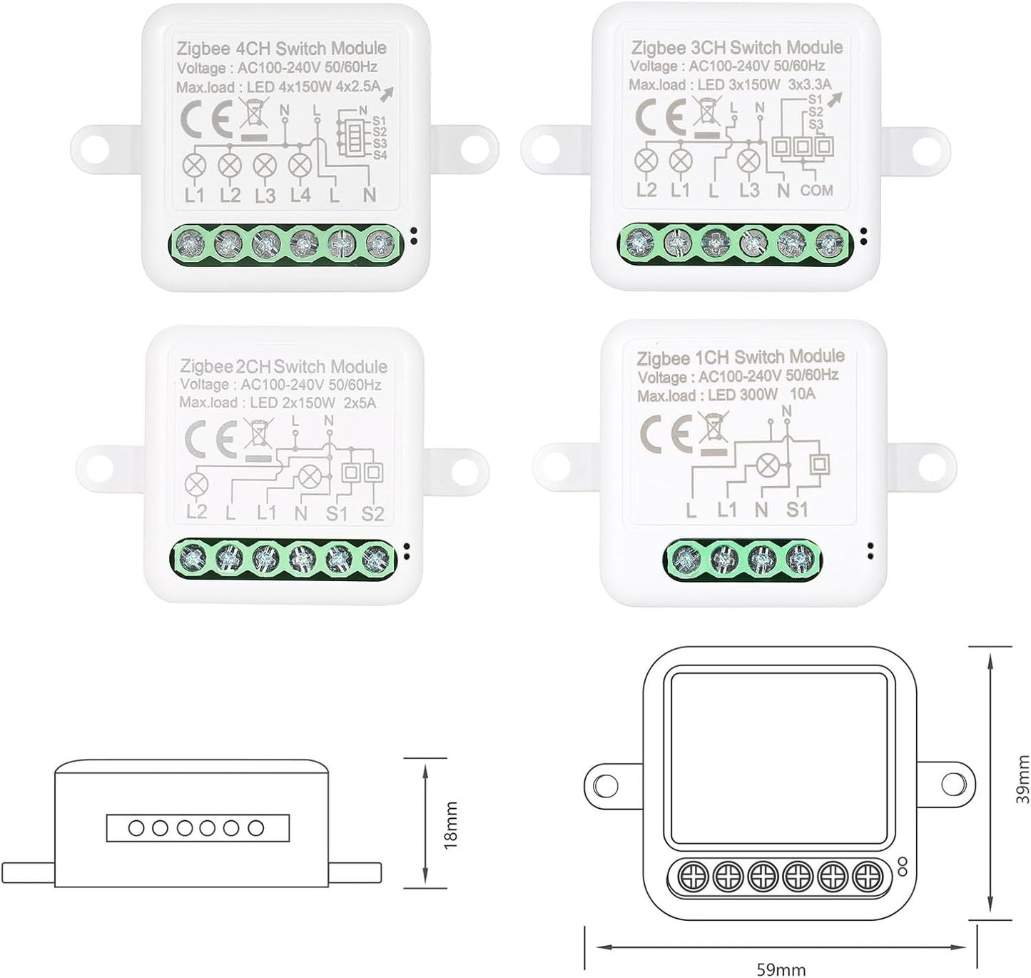 4CH Zigbee Mini Smart Switch Relay Module Support 2 Way Control Switch for Smart Home Automation, Compatible with Alexa