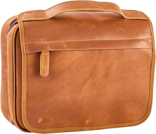 AGDHERSNVX Hanging Toiletry Bag for Men Women,Full Grain Genuine Leather Toiletry Bag for Travel,Makeup Cosmetic Case,Shaving Kit Bag,Hygiene Dopp Kit, Brown, Non-customized
