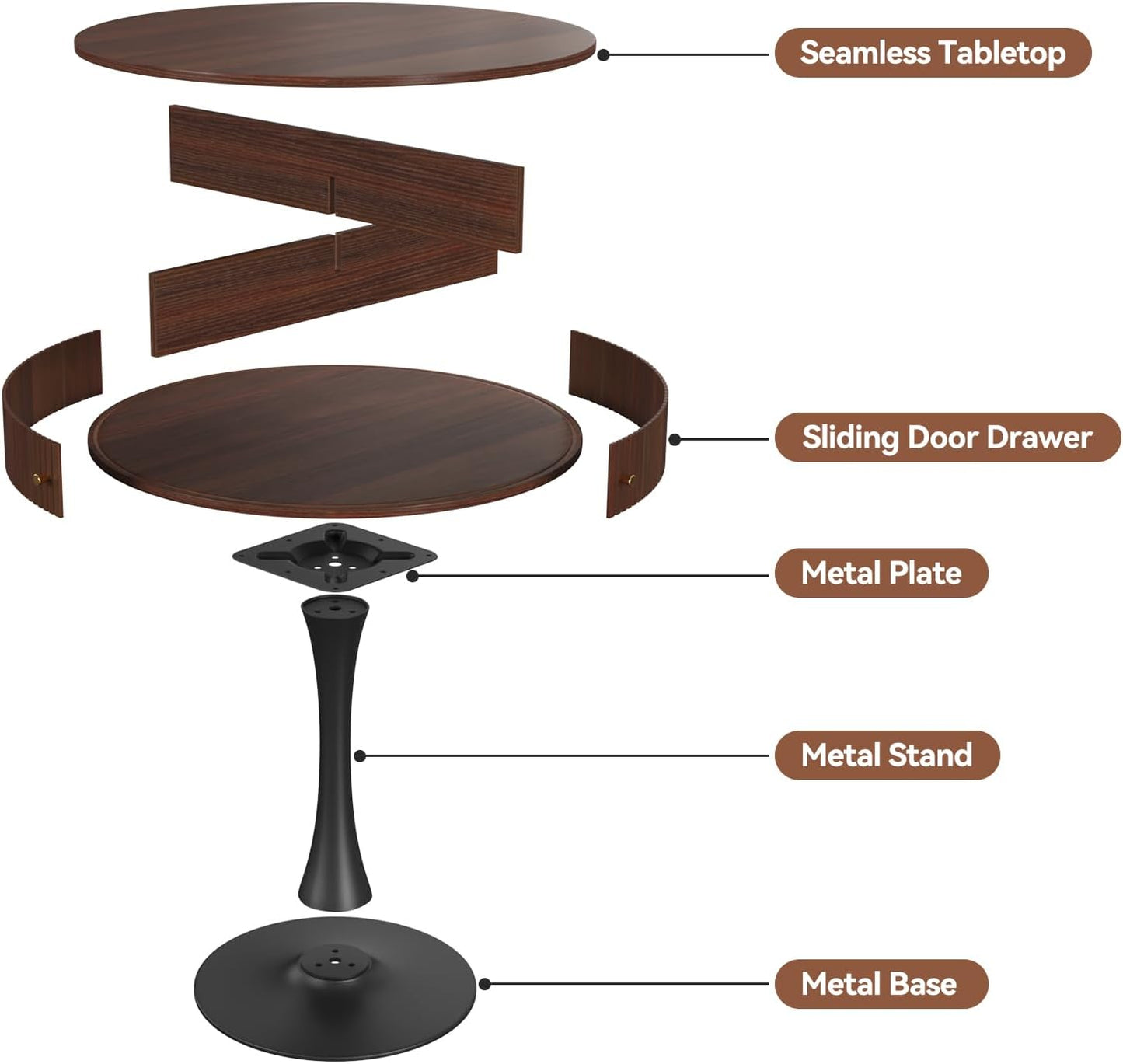 Dining Table Round for 2 Persons, 31.5 Inch Round Table with Metal Pedestal, Seamless Tabletop with Faux Woodgrain, 2 Sliding Doors, 4 Hidden Compartments, for Small Spaces, Apartments, Cafes, Walnut