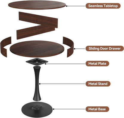 Dining Table Round for 2 Persons, 31.5 Inch Round Table with Metal Pedestal, Seamless Tabletop with Faux Woodgrain, 2 Sliding Doors, 4 Hidden Compartments, for Small Spaces, Apartments, Cafes, Walnut