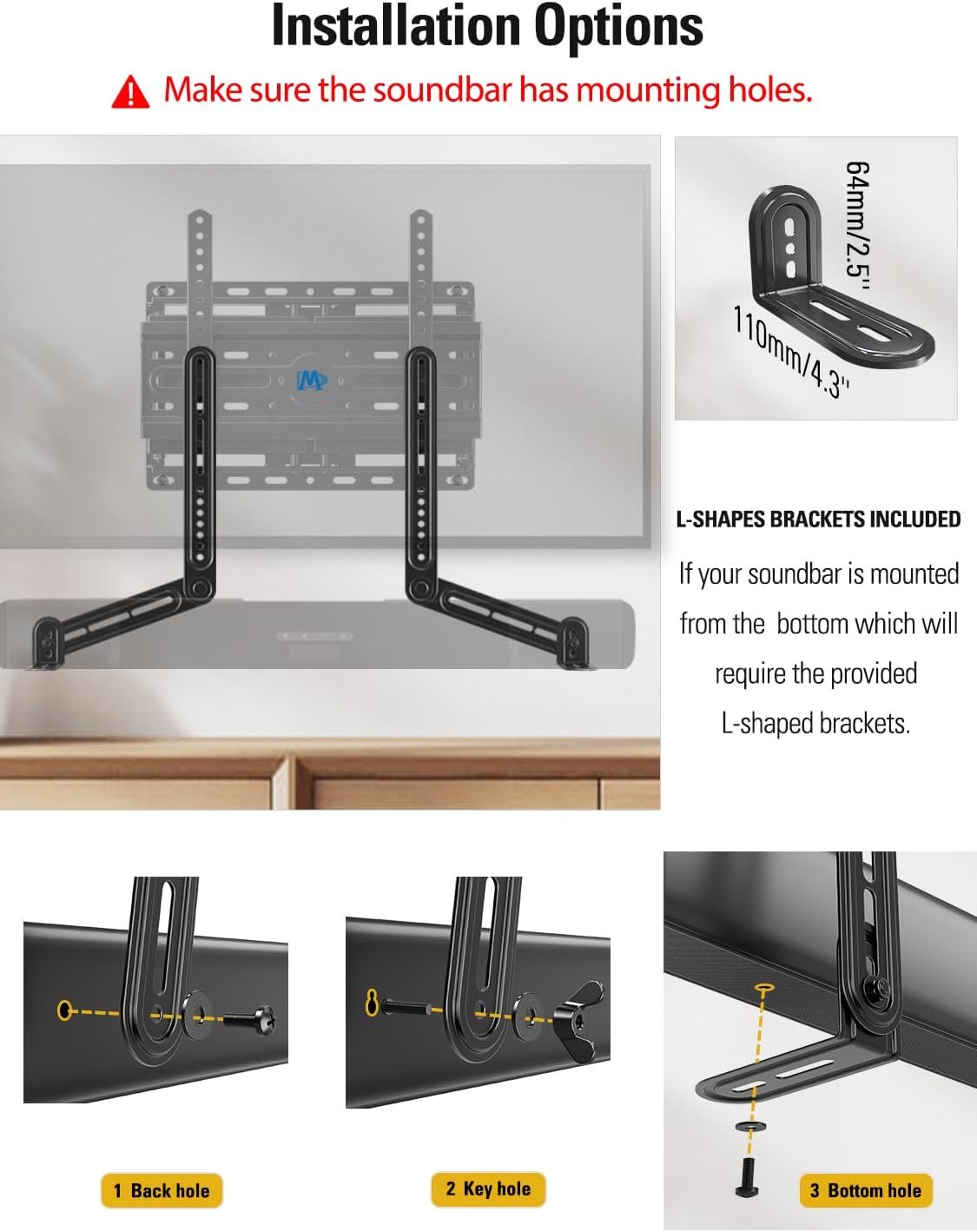 Mounting Dream Sound Bar Mount Bracket for Mounting Above or Under TV, Fits Most Sound Bars Up to 15 Lbs, with Detachable Long Extension Plates MD5420