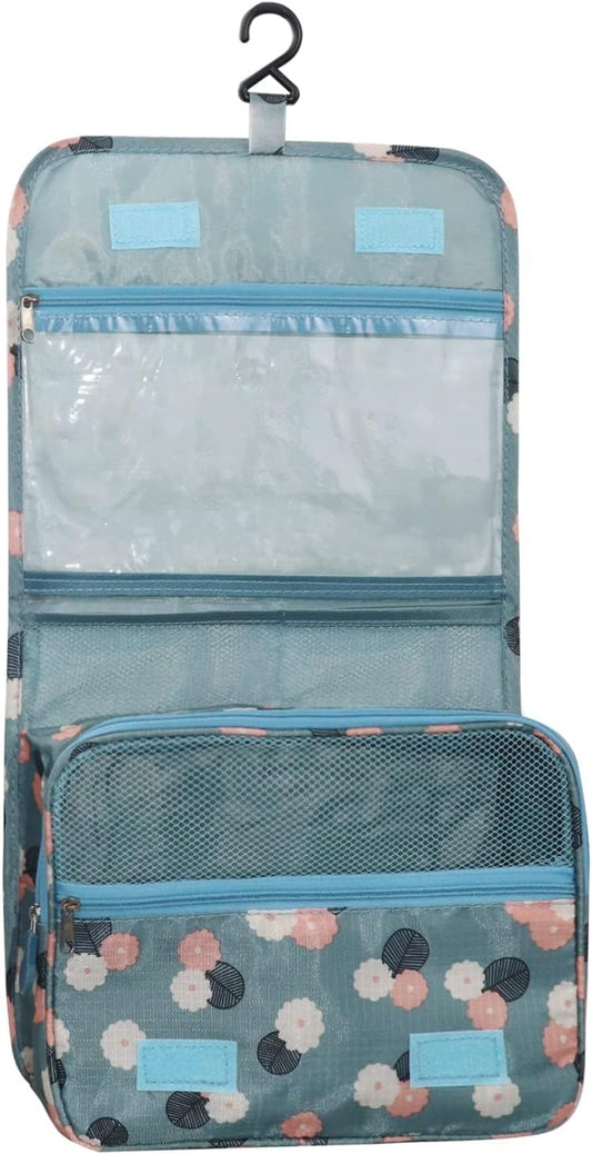 Hanging Toiletry Bag, Cosmetic Wash Bag Portable Organizer Travel Large Storage Bag, Foldable Wash Case with Carry Handle, Cute Makeup Toiletries for Adults Women Men (Blue-Flower)