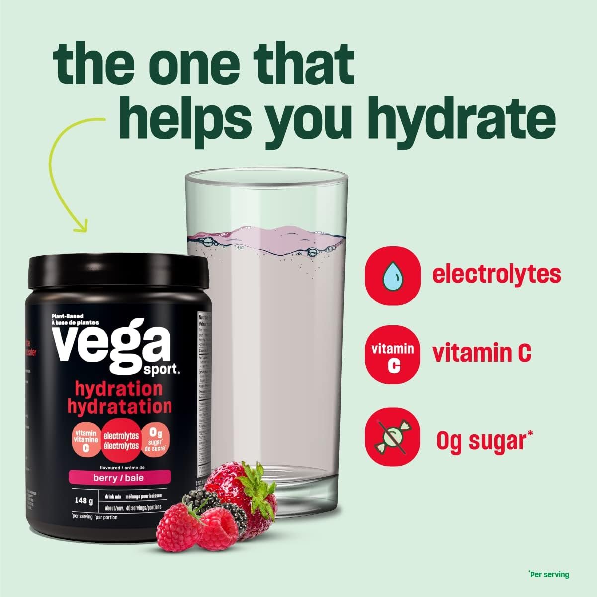 Vega Sport Hydration Electrolyte Powder Berry (40 Servings) Vegan Hydrator, Keto Friendly, Gluten Free, Non Dairy, Sugar Free, Non GMO, 148g (Packaging May Vary)