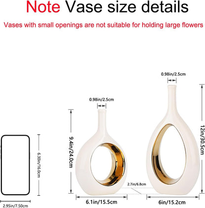 White and Gold Vase Ceramic White Vases Home Decor,Modern Minimalist Circle with Hole Decorative Vase, Hollow Ellipse Flower vases for Bookshelf, Fireplace Mantle, Centerpieces,Farmhouse,Rustic Décor