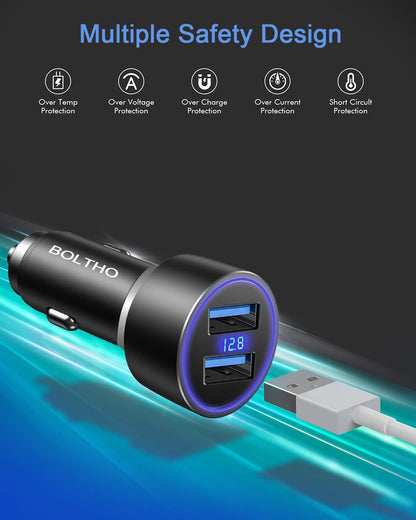 BOLTHO USB Cigarette Lighter Adapter, LED Digital Voltmeter 4.8A Dual USB Car Charger 24W Metal Cigarette Lighter Adapter with 12V USB Socket