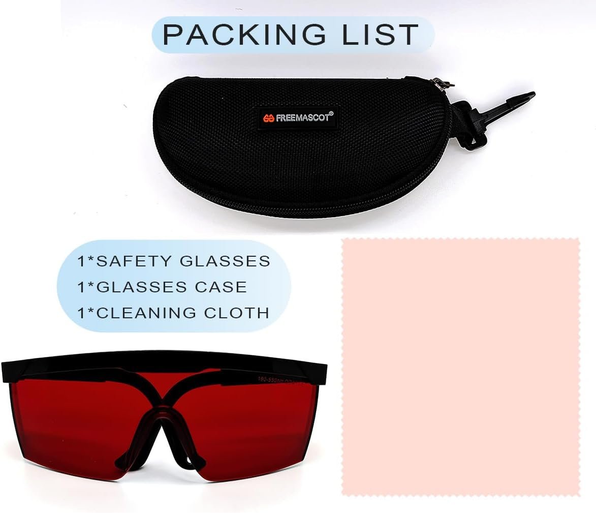 FreeMascot OD 4+ 190nm-550nm Wavelength Laser Safety Glasses for Typical 405nm, 445nm, 450nm,520nm,532nm Laser Light for Hair Removal Laser Treatment Eye Protection Glasses (Red)