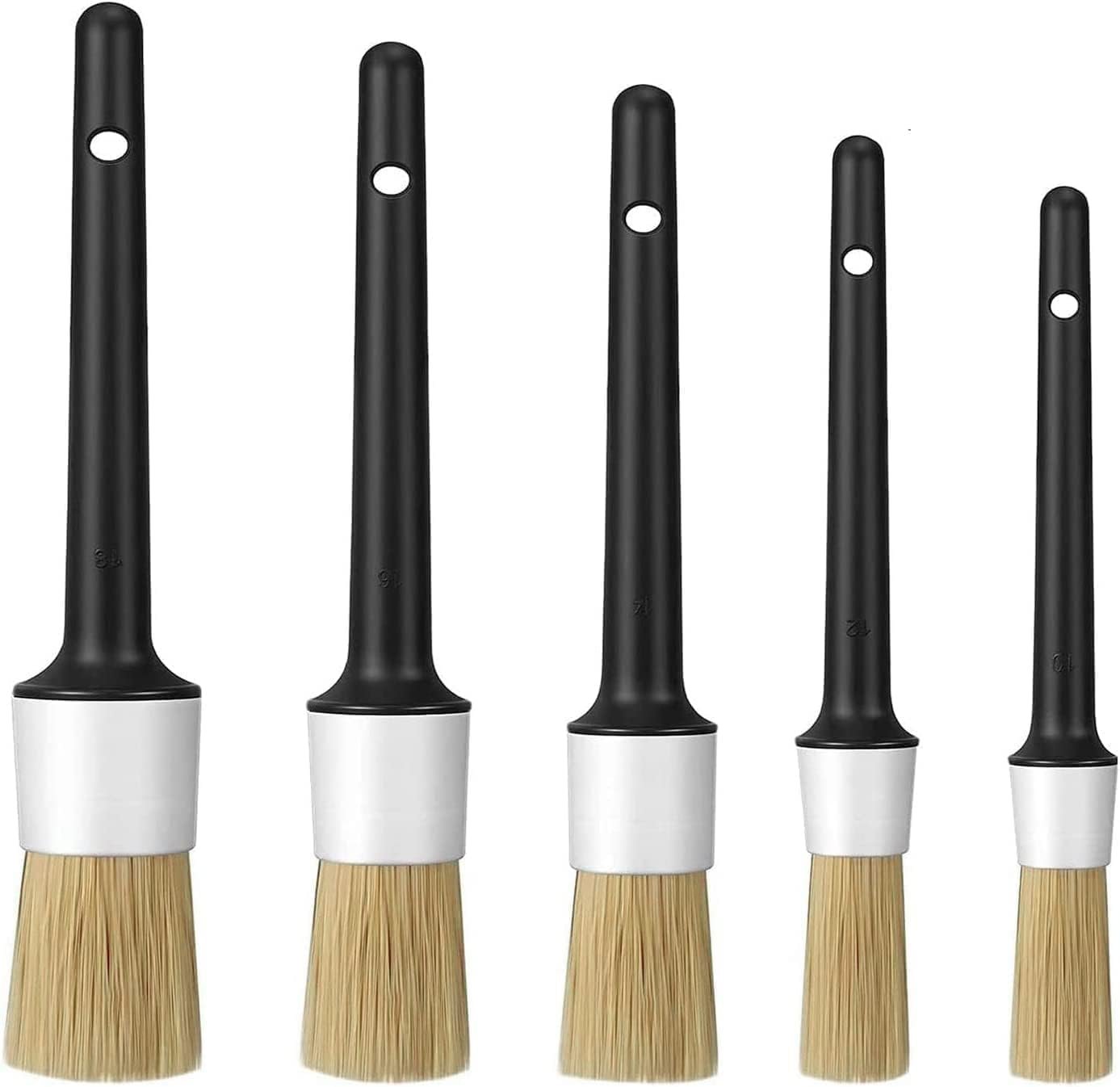 Car Detailing Brush, 5 Pcs Boar Hair Detail Brush, Detailing Brush Set for Cleaning Wheels, Dashboard, Engine, Interior, Air Vents, Emblems (White)