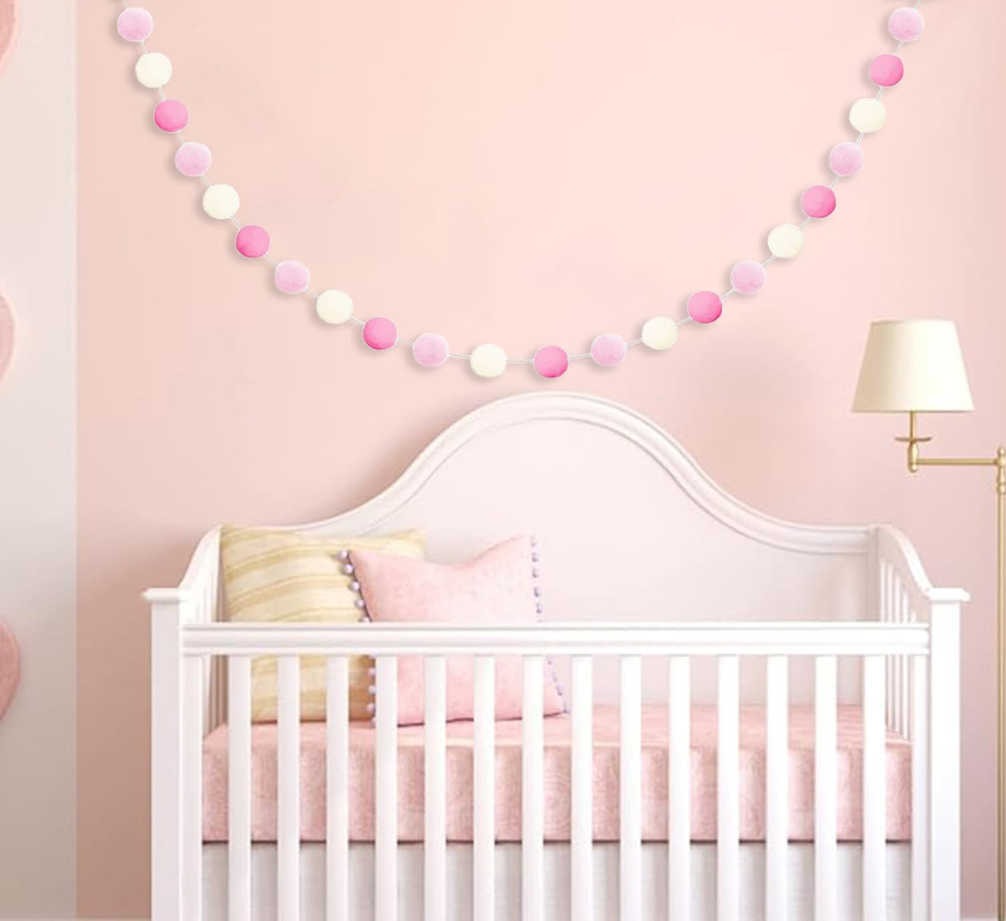 Felt Ball Pom Pom Garland, 2 Metres, 30 Balls, 3 Piece Set, Boho Party Decor (Light Pink)