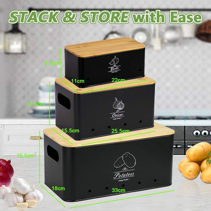 8PCS Kitchen Vegetable Storage Containers,Potato and Onion Garlic Storage Bin with Peeler,Slicer,Masher,Garlic Press & Cloth, Carbon Steel Potato Storage Box with Airflow & Wooden Lid (Black)