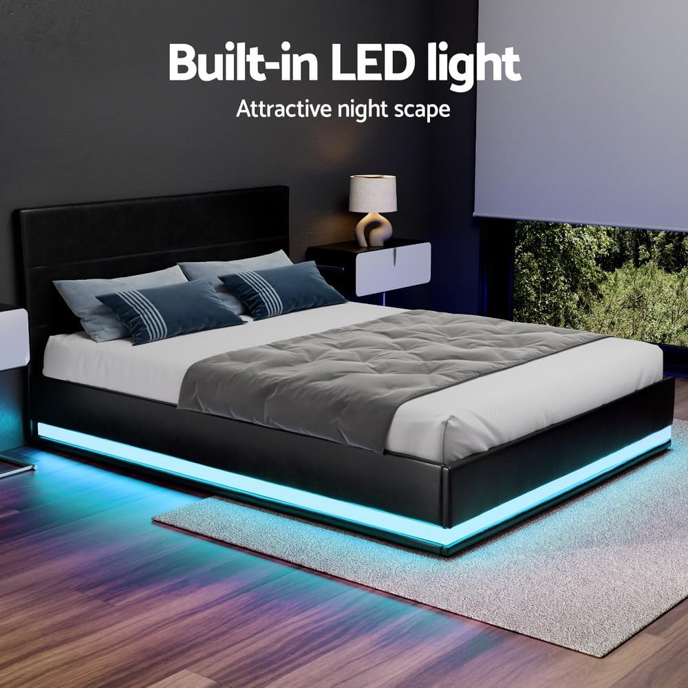Artiss Queen Bed Frame Platform Headboard RGB LED Gas Lift Beds Base with Storage Space Frames Bedroom Room Decor Home Furniture, Upholstered with Black PVC Leather + Foam + Wood