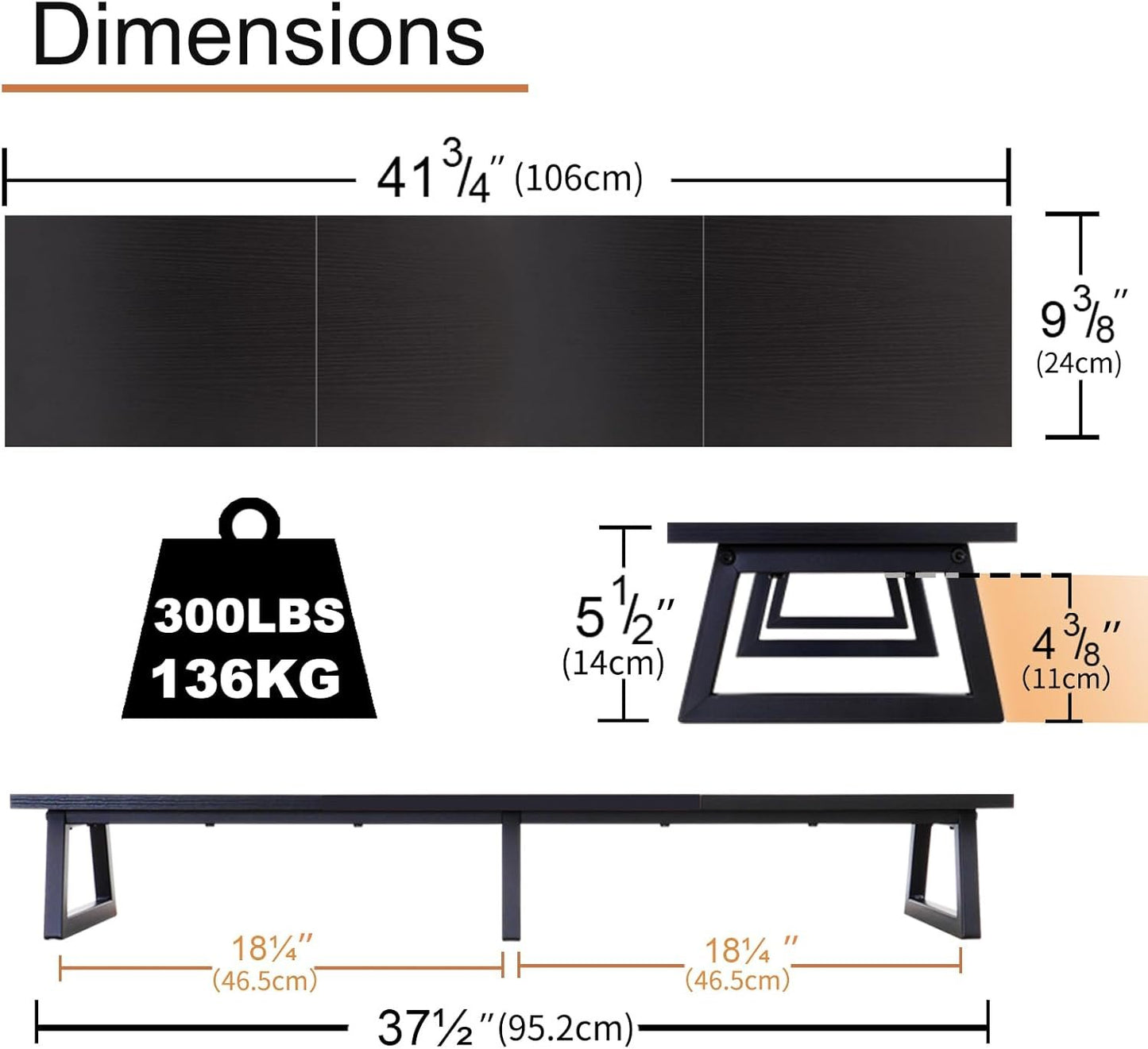 TEAMIX Black 42 inch Dual Monitor Riser,Wood and Steel Long Monitor Stand for 2 Monitors with Storage Large TV Riser Computer Laptop Stand for Desk Office Organization