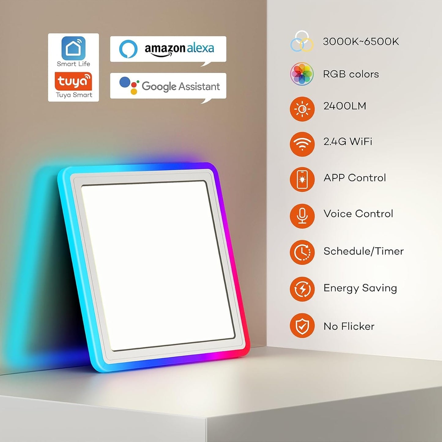 Annaror Smart LED Ceiling Light Fixture WiFi, 13in RGB Flush Mount Lighting Fixture with Remote, Compatible with Alexa Google Home, Low Profile Ceiling Light for Bedroom, Kitchen, Square White