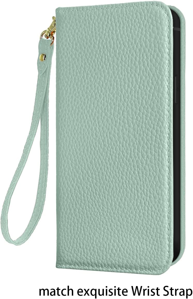 NanHou iPhone 16 Case Leather Case RFID Blocking Folio Wallet Case Magnetic Closure Kickstand Wrist Strap Card Holder Shockproof Flip Cover - Light Green