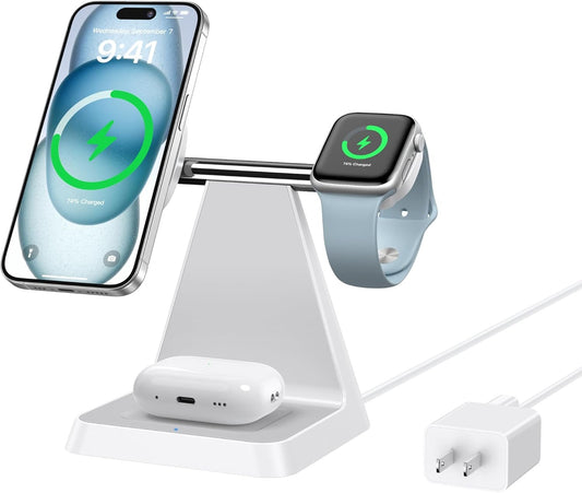 Magnetic Wireless Charger for iPhone - 3 in 1 Mag-Safe Charging Station for Multiple Devices Apple - Charger Stand Dock for Apple Watch iPhone 16 15 14 13 12 Pro Max Plus Airpods