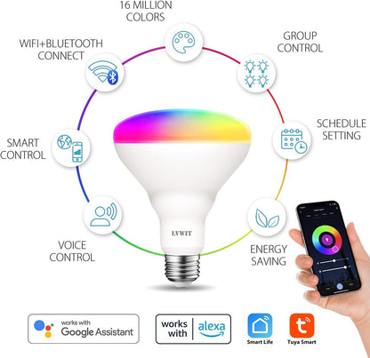 LVWIT Smart Light Bulbs Alexa, BR30 100W Equivalent, E26 Smart LED, Work with Google Assistant, Smart Life App, Tuya App, RGB Color Changing Bulb (13W), No Hub Required, 4-Pack