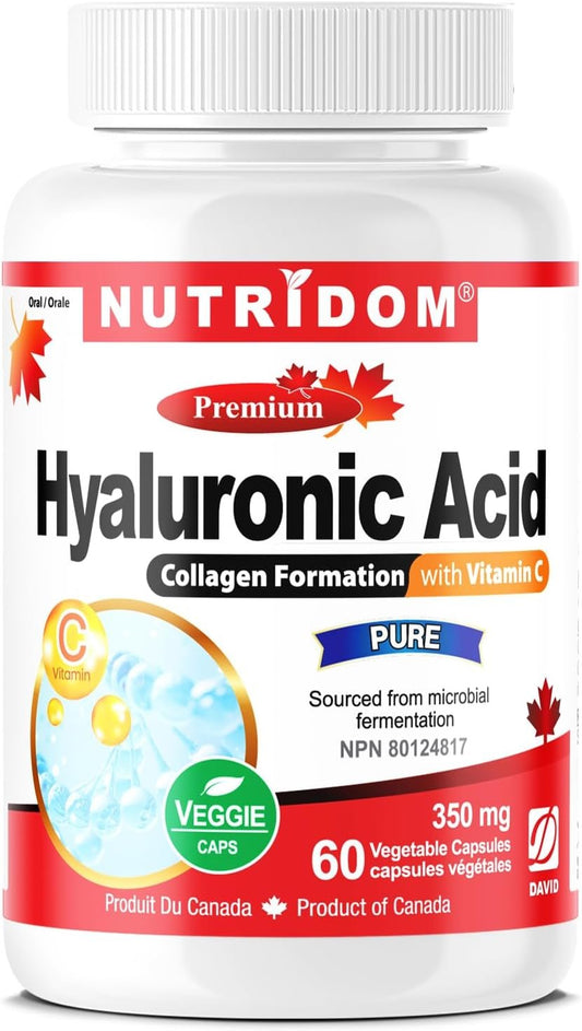 Nutridom Hyaluronic Acid Supplements, 60 Veggie-Capsules, 200mg of Hyaluronic Acid with 150mg of Vitamin C, All Natural, Non-GMO, Vegan, Gluten-free, Dairy-free, and Soy-free