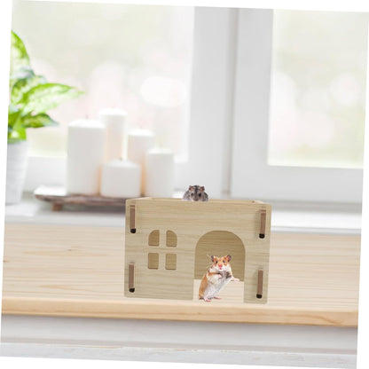 Milisten Cozy Wooden Hideout for Small Pets Multifunctional Hamster House with Feeding and Watering Area Secure Design for Rabbits Guinea Pigs Hedgehogs and Chinchillas