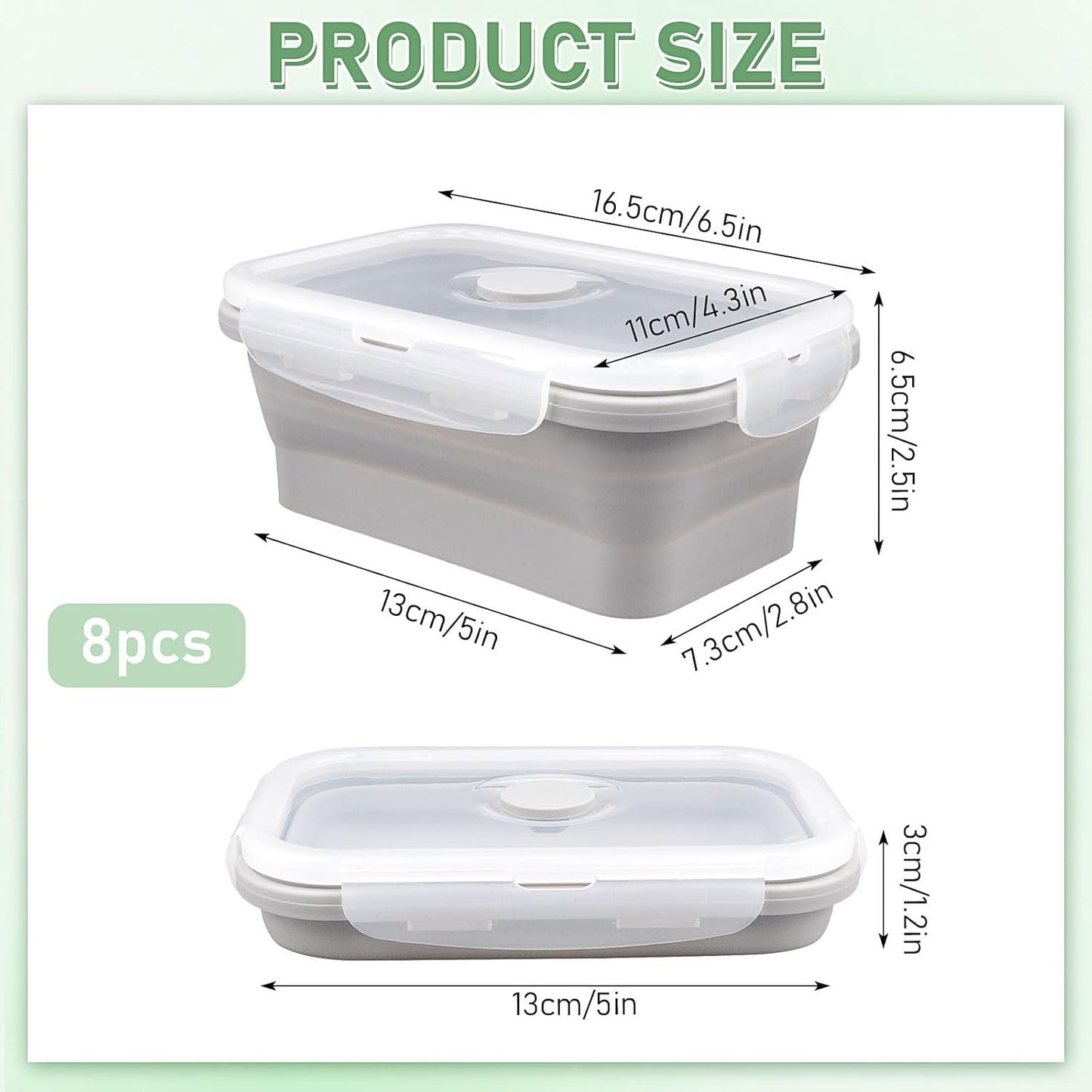 8 Pack 17 oz Silicone Collapsible Food Storage Containers Rectangle Meal Prep Container with Vent Lids Foldable Lunch Box for Camping Kitchen Microwave Dishwasher Freezer Safe (Gray)