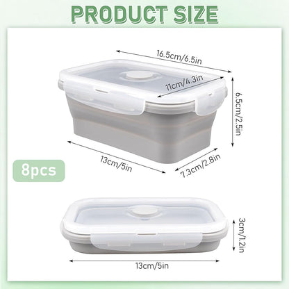 8 Pack 17 oz Silicone Collapsible Food Storage Containers Rectangle Meal Prep Container with Vent Lids Foldable Lunch Box for Camping Kitchen Microwave Dishwasher Freezer Safe (Gray)