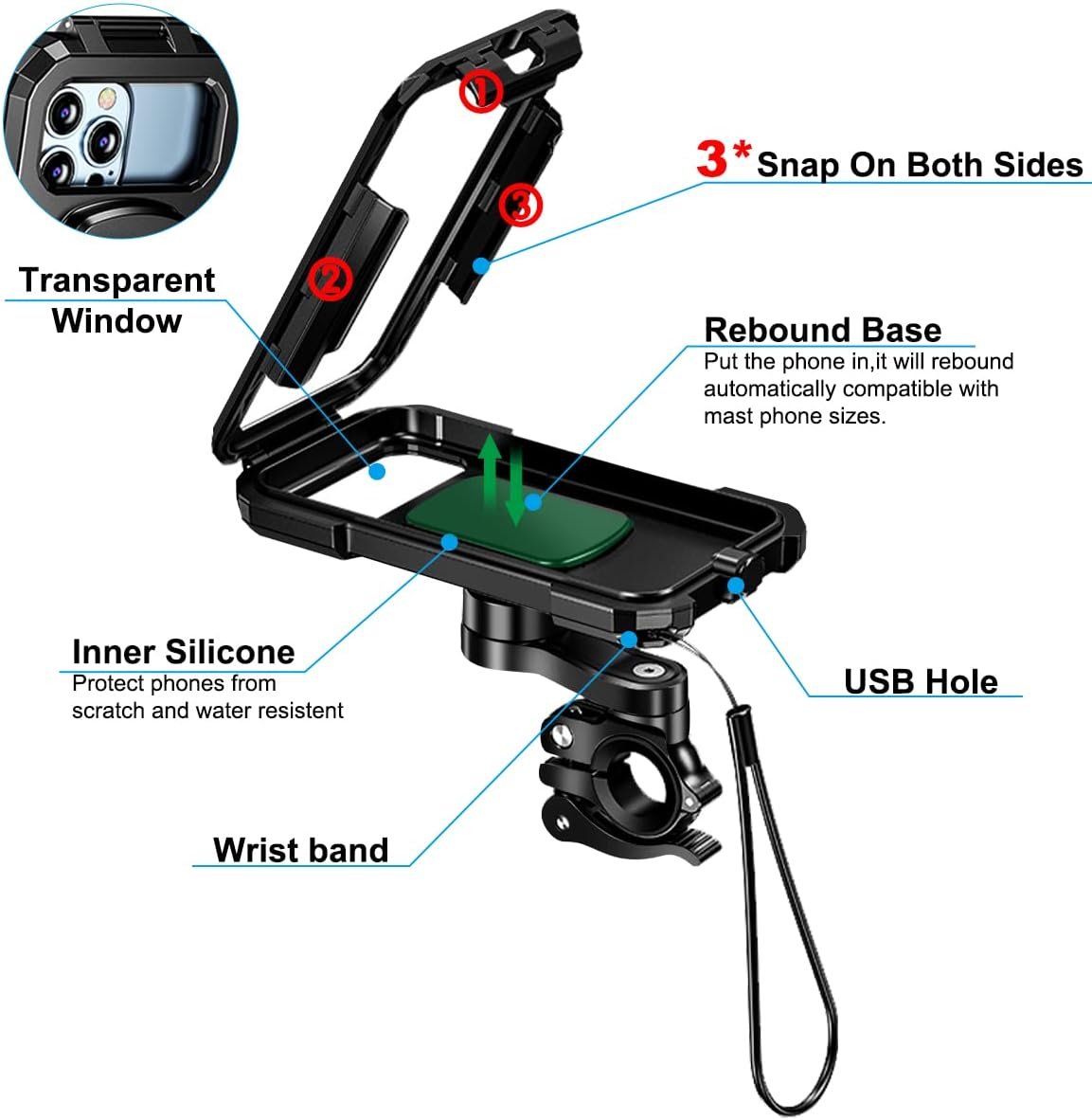 Universal Bike Cell Phone Holder, Waterproof 360° Rotation Motorcycle Phone Holder Anti-Shake Bicycle Phone Holder for 5.5-6.8 Inches Smartphone (L, Black)