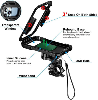 Universal Bike Cell Phone Holder, Waterproof 360° Rotation Motorcycle Phone Holder Anti-Shake Bicycle Phone Holder for 5.5-6.8 Inches Smartphone (L, Black)