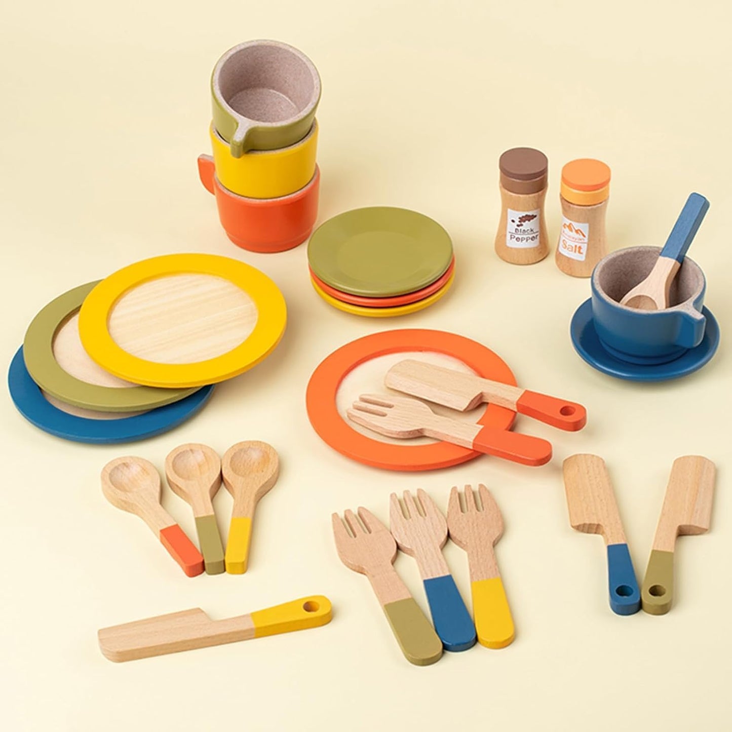 XICEN Wooden Dish Set for Kids, Play Dishes for Kids Kitchen, Wood Plates Set for Toddler, Montessori Wooden Kitchen Toys Accessories
