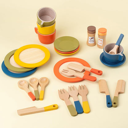 XICEN Wooden Dish Set for Kids, Play Dishes for Kids Kitchen, Wood Plates Set for Toddler, Montessori Wooden Kitchen Toys Accessories