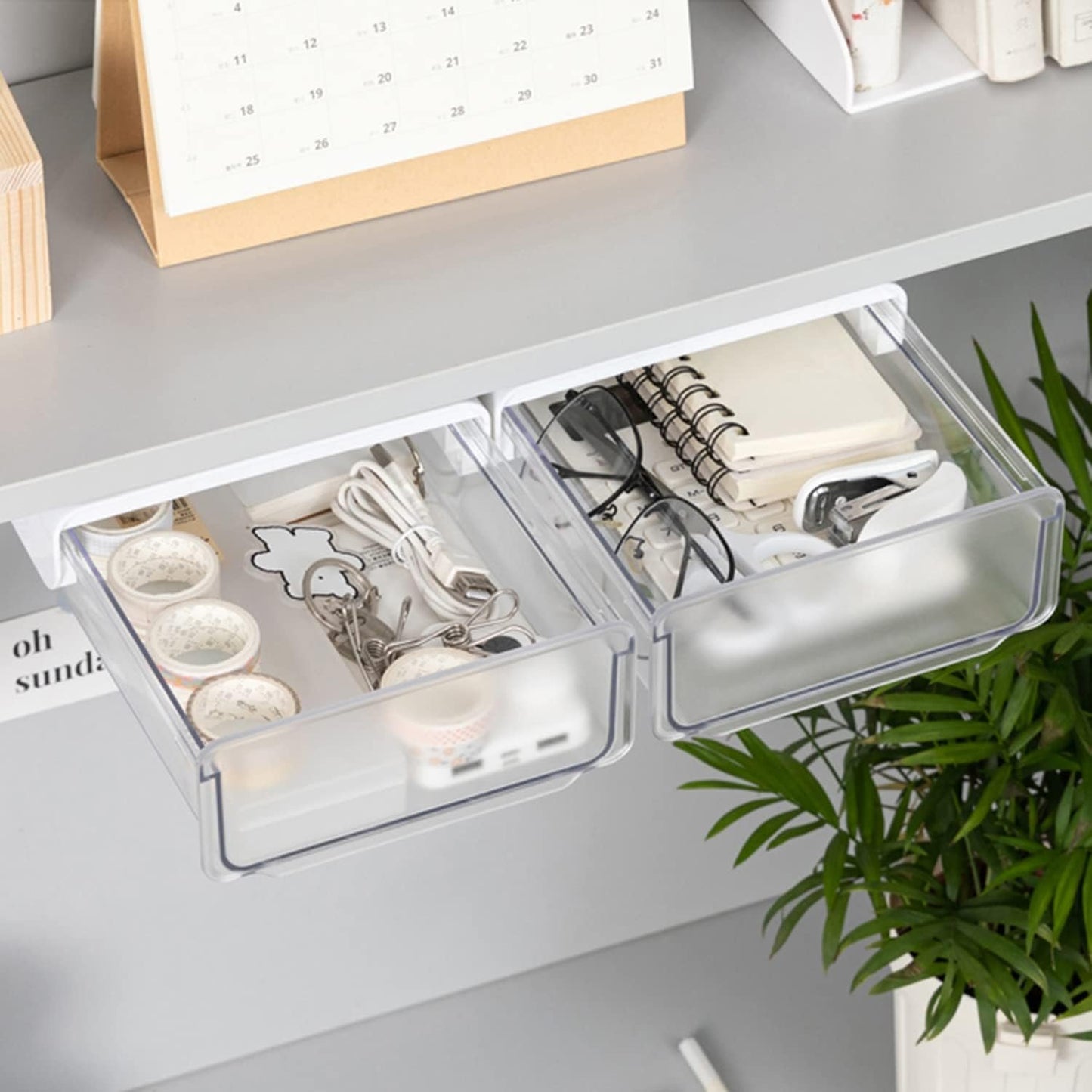 Self-adhesive Under Desk Drawer Organizer, 2 Pack Table Hidden Slide Out Large Storage Mounted Desktop Pencil Holder Tray Drawers for Office Home School Stationery Kitchen (Large, White)