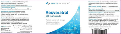 Split Science Canadian-Made 98% Premium Resveratrol | High Concentration 1000mg per serving, 500mg per capsule | High Bioavailability, Cellular Support and Intracellular Antioxidant | 60 Vegan Capsules