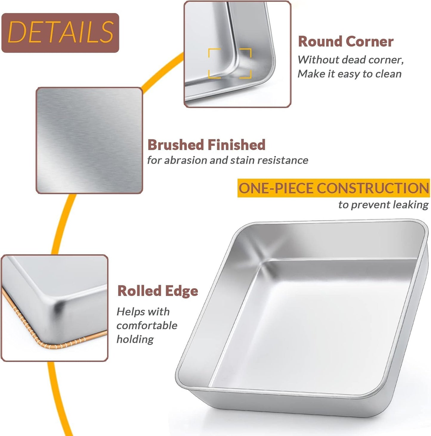 9 x 9-Inch Baking Pan, E-far Square Cake Brownie Baking Pans Stainless Steel Bakeware Set of 2, Fits in Small Toaster Oven, Non-Toxic & Dishwasher Safe