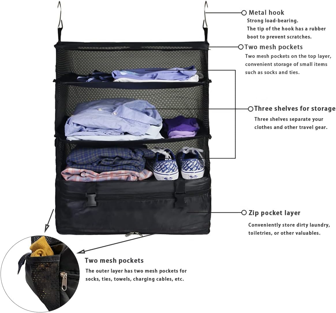 SAHENITEANA 3-Shelf Suitcase Packing Cubes Organizer with 2 Hooks, Portable Hanging Travel Shelves Bag, Large Capacity Collapsible Closet Storage Bag Space Saver for Wardrobe Suitcase Carry On