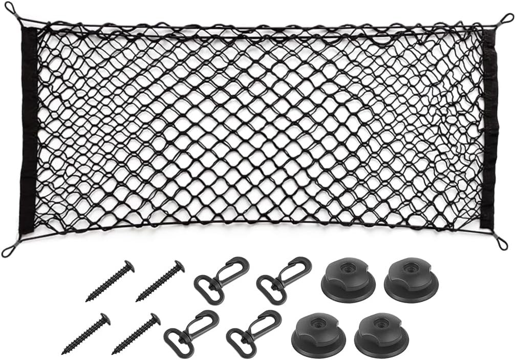 TSUGAMI Car Rear Cargo Net, Double-Layer Adjustable Stretchable Elastic Storage Organizer Net, Trunk Cargo Storage Mesh Net with Hooks, Car Interior Accessories Fit for Car, Trucks, SUV (Large)