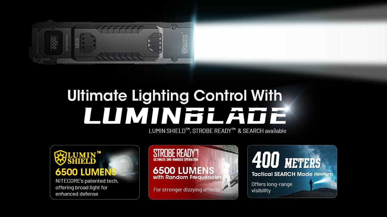 Nitecore EDC29 Luminblade Tactical Torch, USB Rechargeable LED Torch, Extremely Bright 6500 Lumens, Up to 61 Hours Runtime, Black