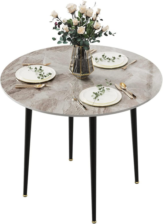 Kitchen Dining Table Round 32": Modern Sintered Stone Marble Effect Table Top with Tapered Metal Legs Breakfast Bar Banquet Table for Dining Room, Restaurant, Living Room Furniture, 30" Height, Gray