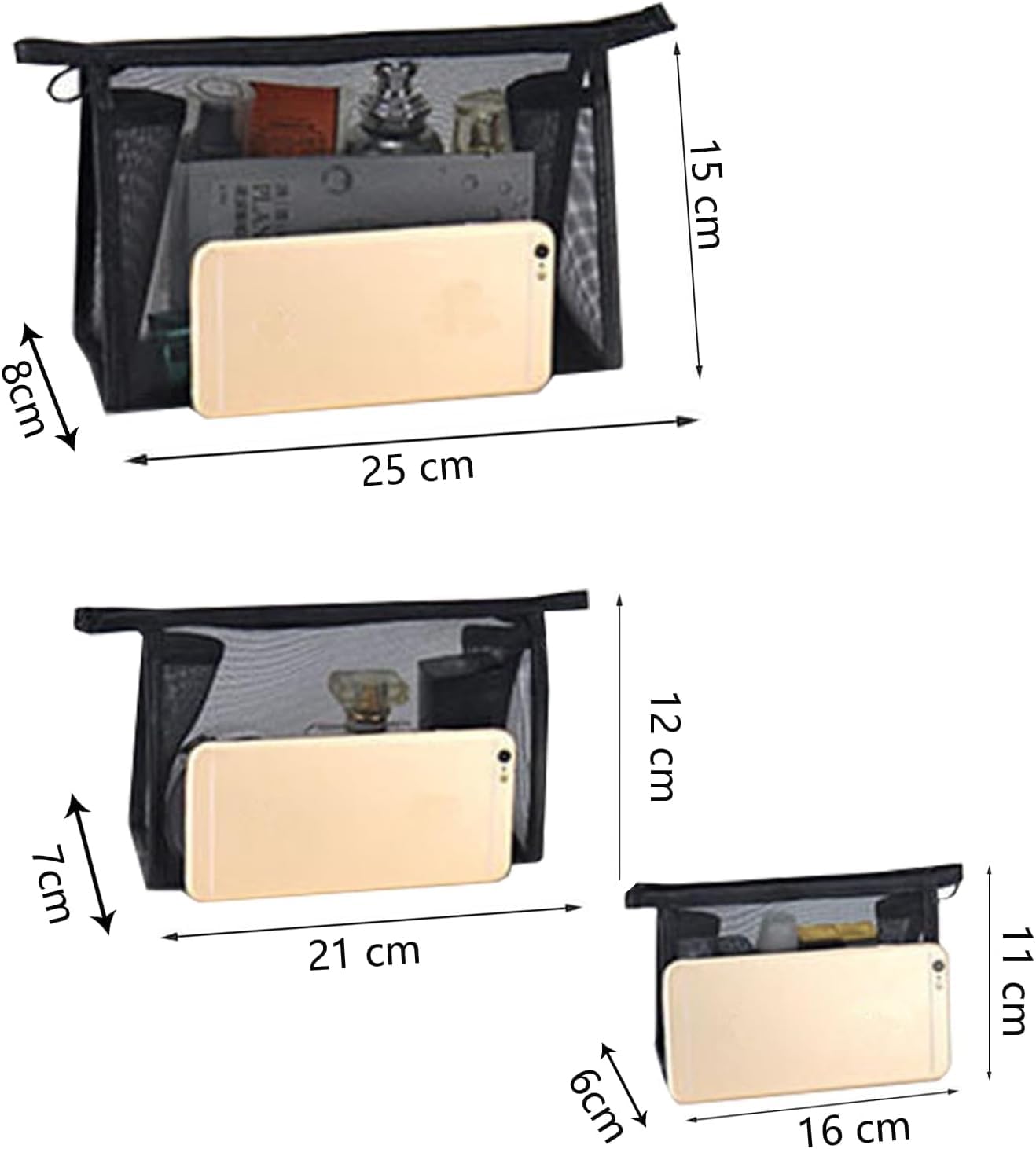 3 Pcs Mesh Cosmetic Zipper Bags, Portable Travel Organizing Zipper Pouch Toiletries Makeup Pouches for Home for Offices Travel Makeup Accessories, 3 Different Size