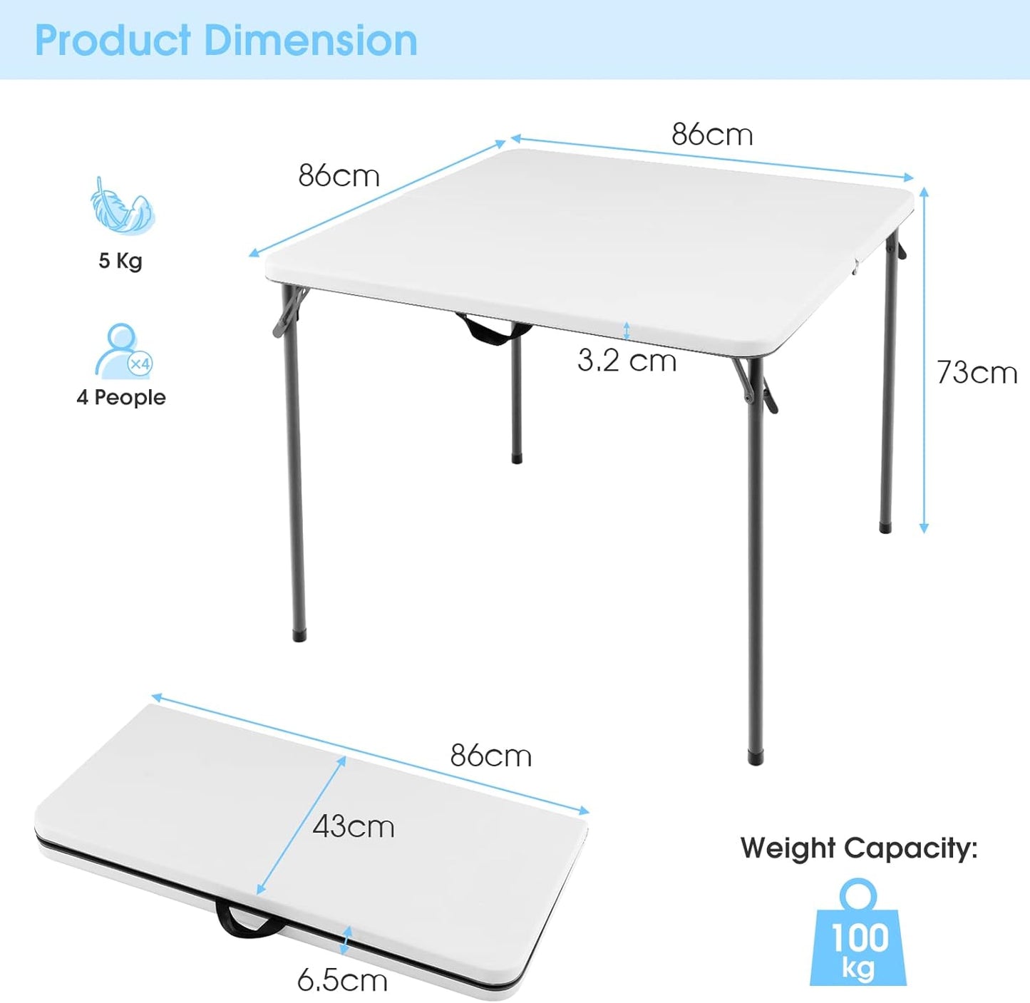 Costway Folding Camping Table, Portable Picnic Camp Table with Handle, Outdoor Lightweight Dining Table with All-Weather HDPE Tabletop and Rustproof Steel Frame (White)