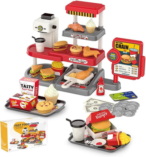 Pretend Play Fast Food Store Toy with Realistic Coffee Machine Card Reader Food Shop Playset with Simulate Hamburger Chips Sandwich etc Play Money Checkout Game for Kids