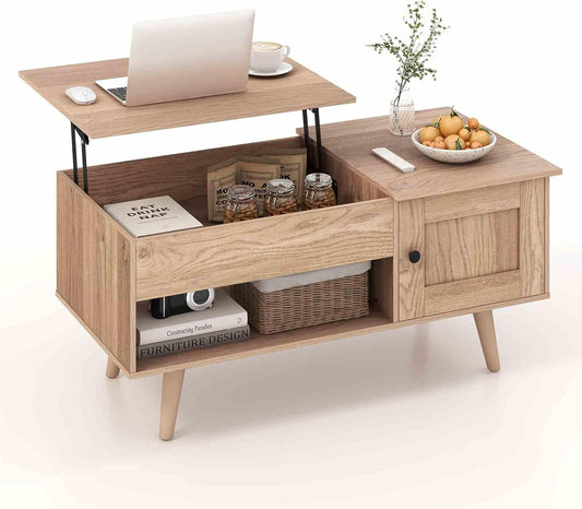 Costway Lift-Top Coffee Table, Flip Top Center Table, Small Coffee Table with Hidden Storage & Open Shelf, Convertible Office Table, Lift Tabletop Dining Table for Living Room (Natural)