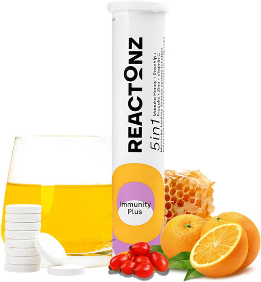 Immunity Plus – Immune Booster Supplement with Vitamin C, Zinc, Manuka Honey, Rosehip & Propolis – Natural Orange Flavour Fizzy Drink for Daily Immune Support (20 Effervescent Tablets)