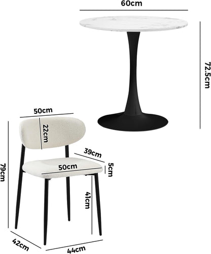 Oikiture 60cm Round Dining Table with 2X Dining Chairs Boucle White&Black