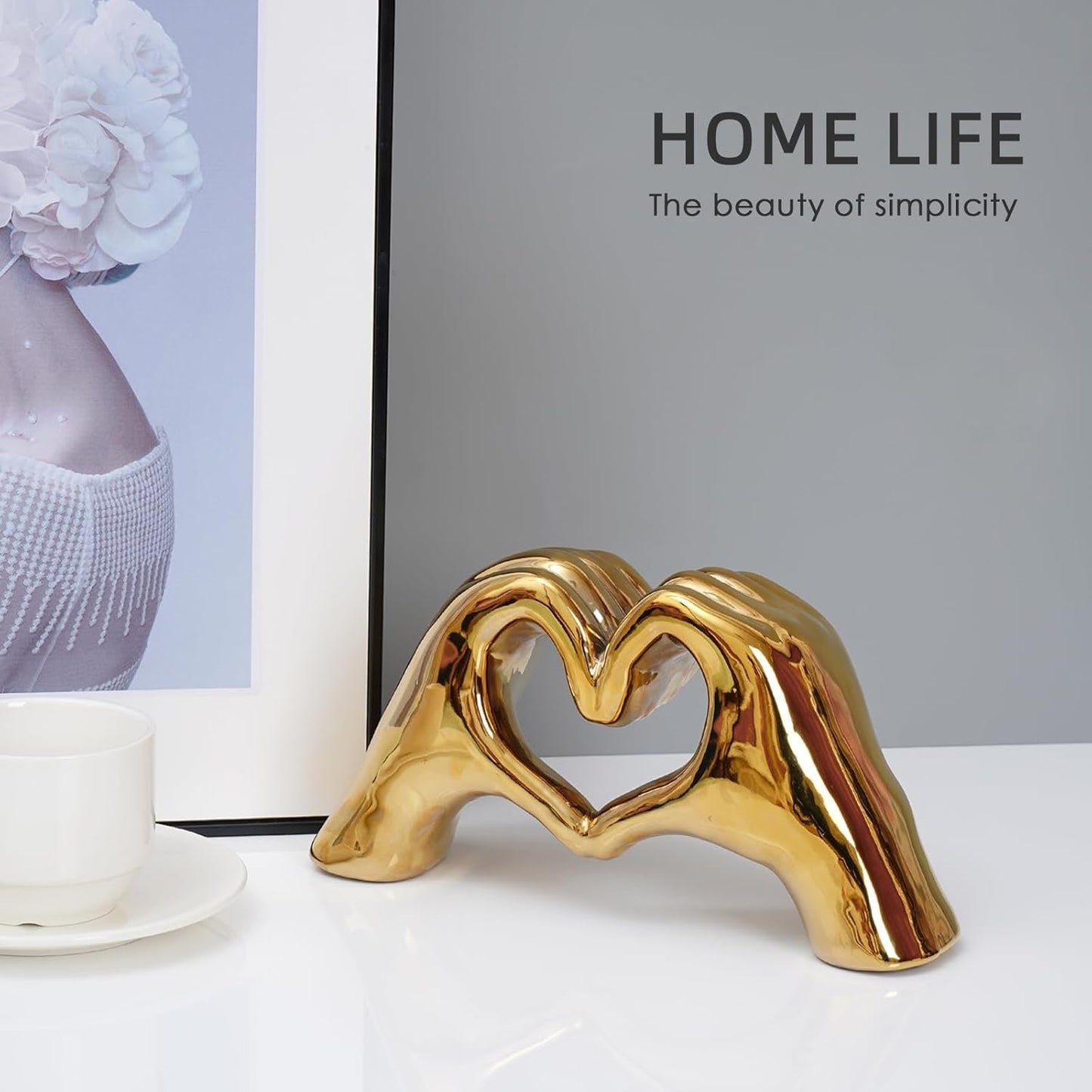 Notakia Gold Decor Heart Hands Statue for Living Room Bedroom Bookshelf Coffe Table, Modern Shelf Decor Love Finger Sculpture for Wedding Decorations Gifts, Unique Women Birthday (Gold)