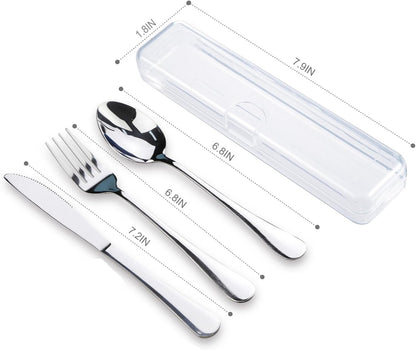 4PCS Premium Travel Utensils with Case, Stainless Steel Reusable Portable Utensils Set with Case, Lengnoyp Travel Silverware Set with Case for Lunch Box Including Fork Spoon Knife Set, Silver