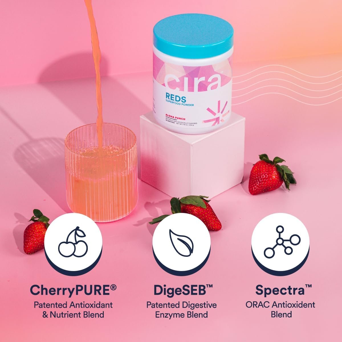Cira Reds Superfood Powder - Antioxidants and Digestive Enzymes w/Acai Berry for Nitric Oxide, Increased Energy, Immunity, & Gut Health - 30 Servings, Aloha Punch