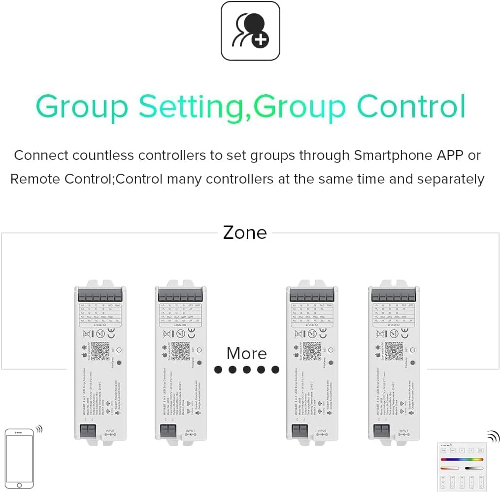 BTF-LIGHTING 5in1 WB5 2.4GHz Tuya WiFi PWM LED Controller Compatible with Alexa Google Home Smart Life Tuya Smart APP Control for Dimming CCT RGB RGBW RGBCCT LED Strip Works with WR01RF WR02RF