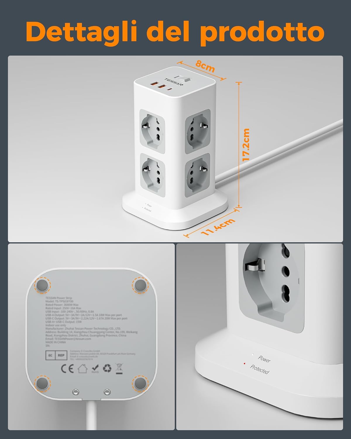 TESSAN Girgio Power Strip with USB 20 W, Electric Power Strip with 8 IT 16A Sockets, Overvoltage Protection Power Strip with Switch and 2 Metres Electrical Extension, 3680 W Socket, Girgio