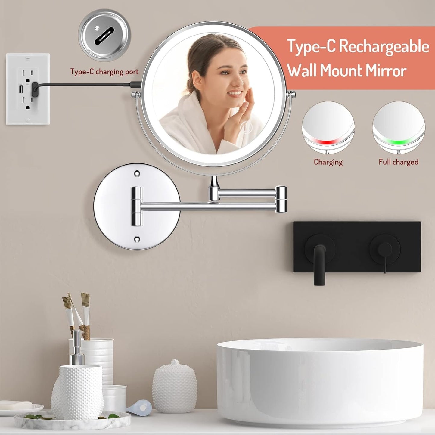 Rechargeable Wall Mounted Makeup Mirror, 8 Inch Double-Sided LED Vanity Mirror 1X/10X Magnification,3 Color Lights Touch Screen Dimmable 13 Inch Bathroom Mirror (Chrome)
