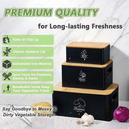 8PCS Kitchen Vegetable Storage Containers,Potato and Onion Garlic Storage Bin with Peeler,Slicer,Masher,Garlic Press & Cloth, Carbon Steel Potato Storage Box with Airflow & Wooden Lid (Black)
