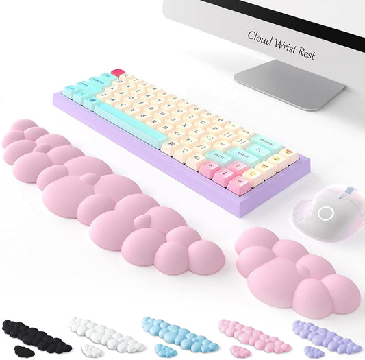 Keyboard Cloud Wrist Rest 2PCS, Memory Foam Keyboard Palm Rest, Ergonomic Keyboard Pad Wrist Support, Mouse Pad Rest Support for Office/Computer/Laptop/Gaming/Mac,Pink(Purplish Pink)
