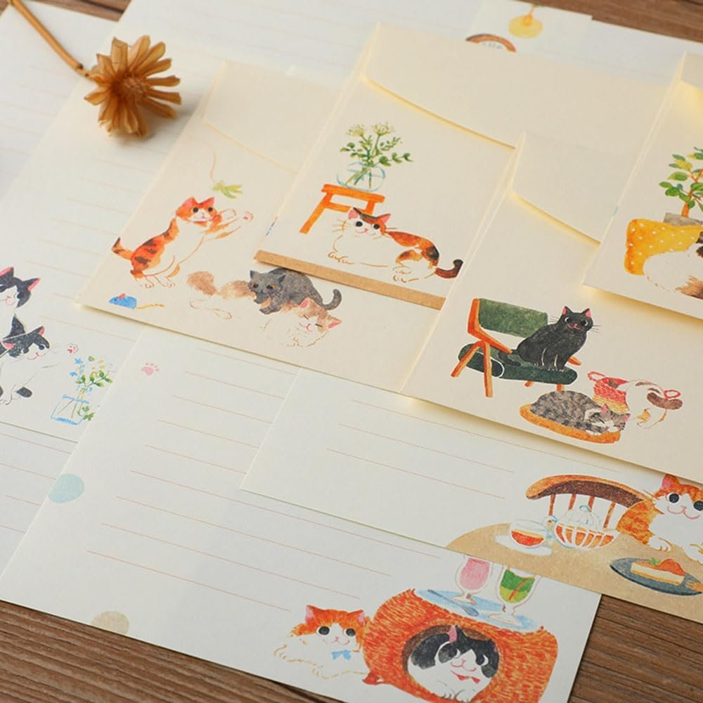 72 Pieces Cute Cat Theme Writing Paper and Envelopes Stationery Set for Women Girls with 48 Lined Stationery Letter and 24 Envelops
