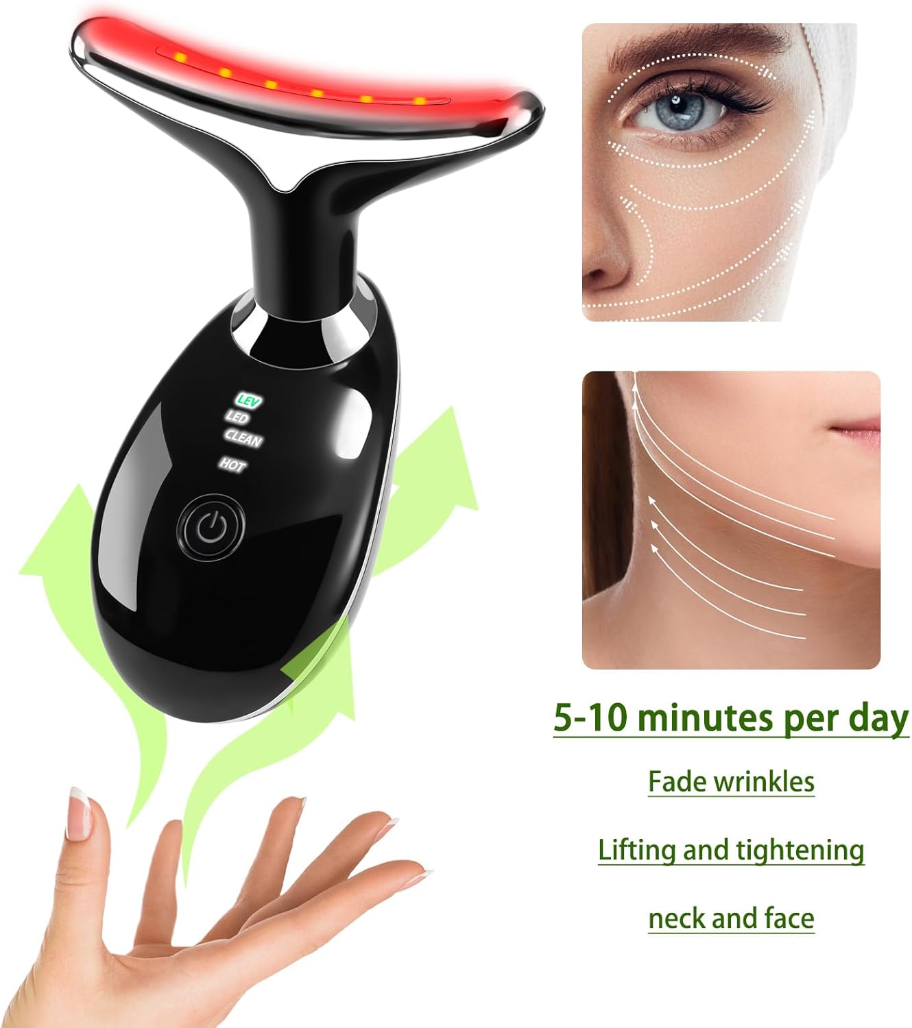 Face Neck Beauty Device, 7 Color Led Face Neck Massager,Multifunctional Facial Skin Care Tool, Ideal for Home Skin Care (Black)